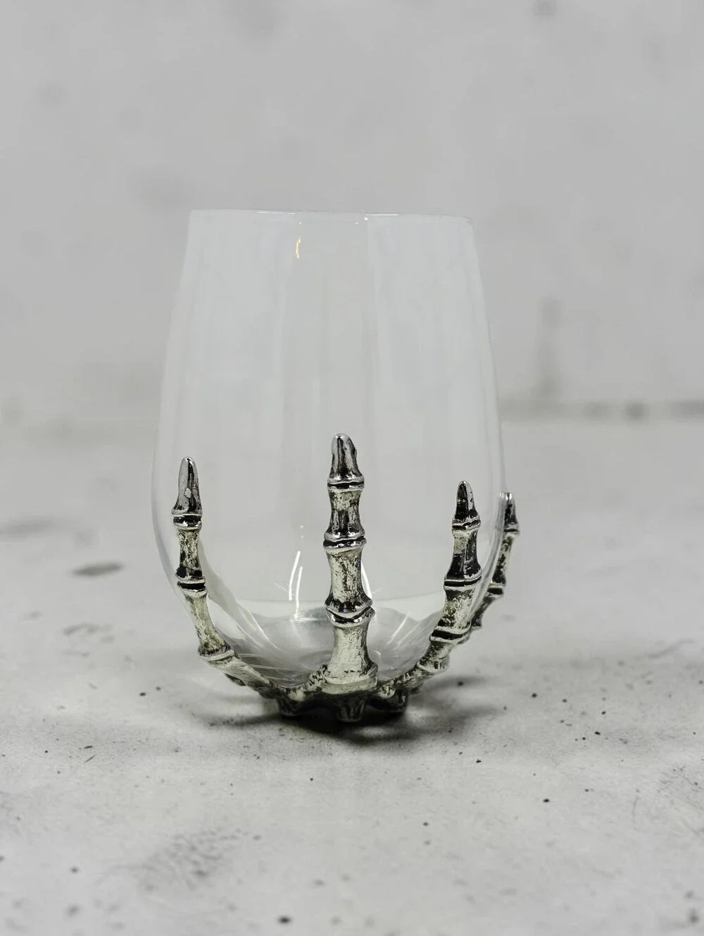 Pottery Barn Silver Skeleton Stemless Wine Glass Hand Blown Halloween 14oz